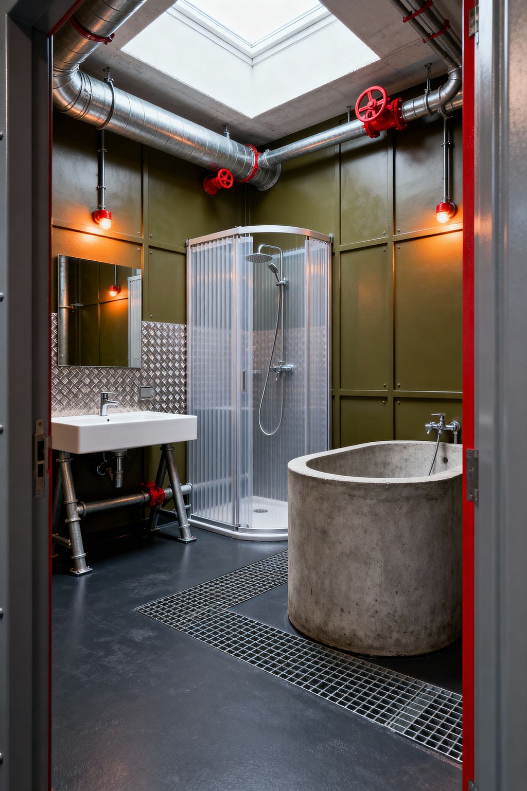 An industrial bathroom features a round cast-concrete soaking tub, a corner shower with ribbed translucent panels, and a wall-mounted rectangular sink supported by exposed metal pipes. Olive green paneled walls are topped with diamond-plate aluminum, while galvanized ducts with oversized red valves cross the ceiling beneath a large skylight. The dark floor includes steel drainage grates, and warm bulb fixtures flank a simple mirror for a utilitarian glow.