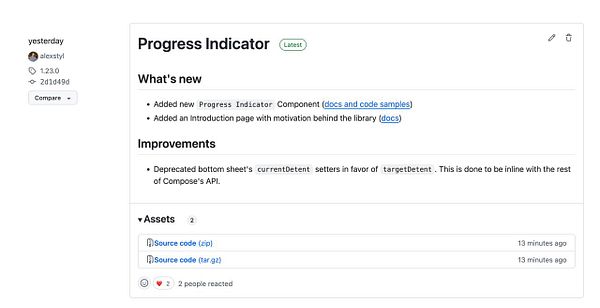 The image displays a GitHub release note for a new Progress Indicator component.