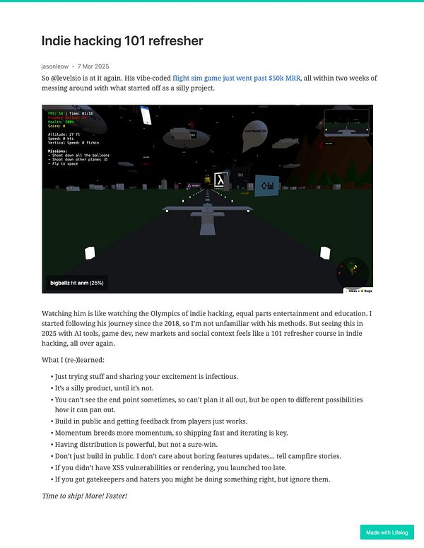 A screenshot of a blog post discussing indie hacking, featuring a flight simulation game interface.