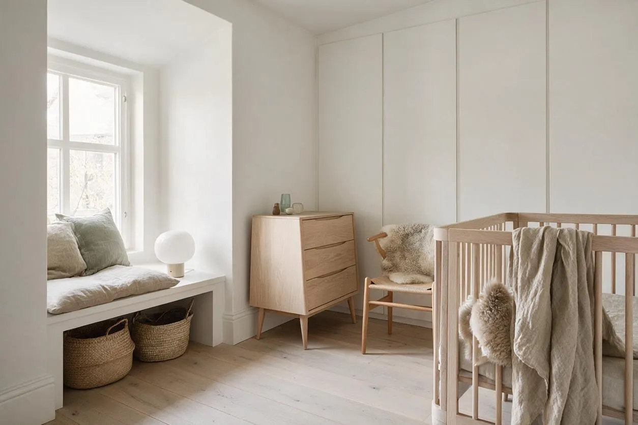 A serene Scandinavian nursery with white walls, pale wood floors, and a light oak crib in the foreground. A window bench with cushions, woven baskets, a small dresser, and a soft chair with sheepskin accents complete the calm, minimalist room.