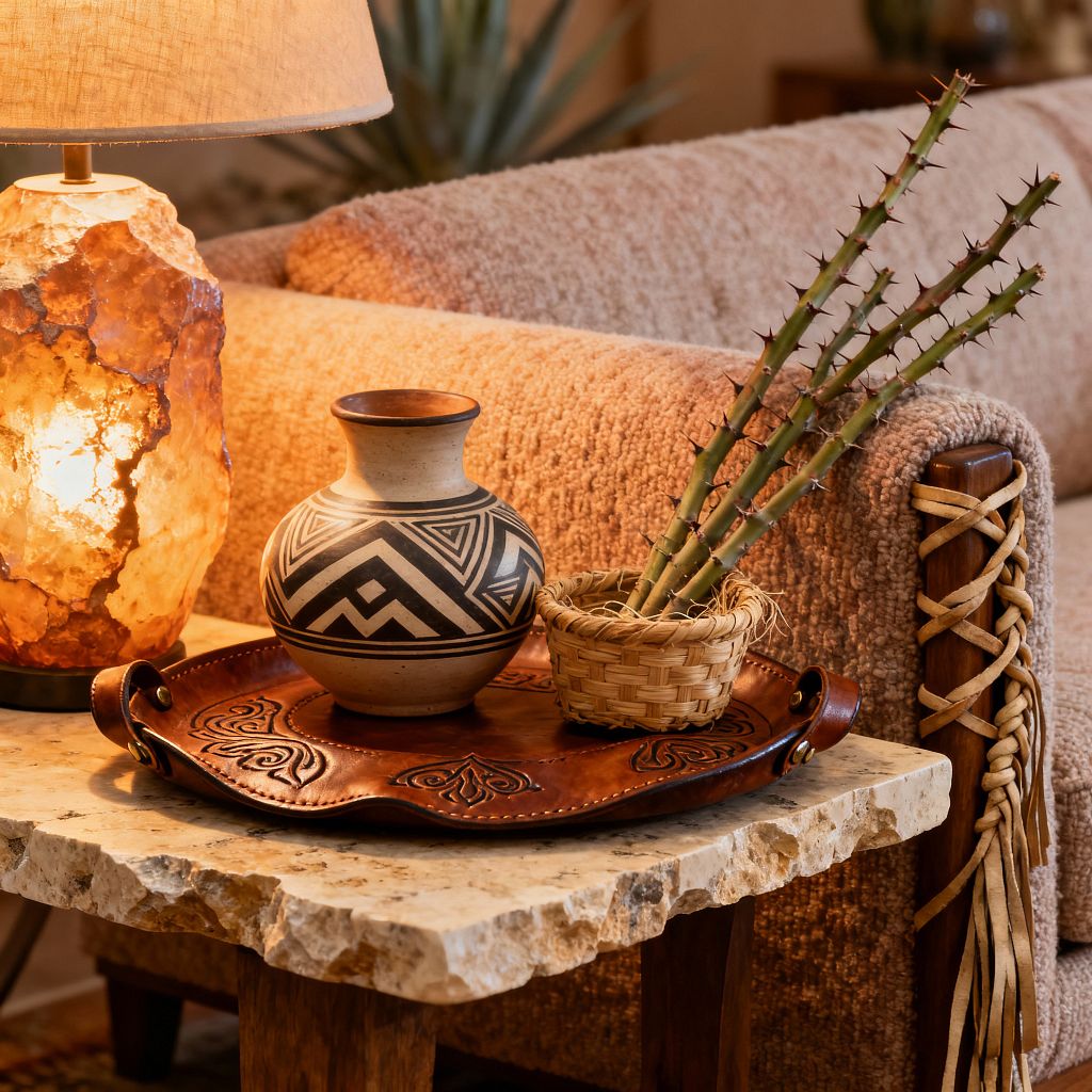 Close-up of a Southwestern living room vignette: a chiseled-edge stone side table holds a tooled saddle-leather tray with a black-and-cream geometric pottery vase and a small woven basket filled with cactus stems. At left, a raw stone lamp with a linen shade emits a warm amber glow. Behind, a sand-colored boucle sofa with a solid wood arm is finished with crisscross leather lacing. The palette is earthy neutrals with terracotta browns and soft desert tones.