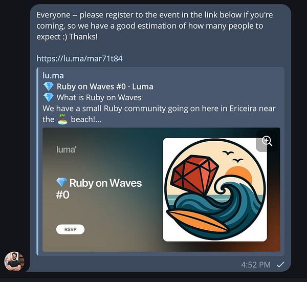 The image features a promotional graphic for the 'Ruby on Waves' event, highlighting its community aspect and location.