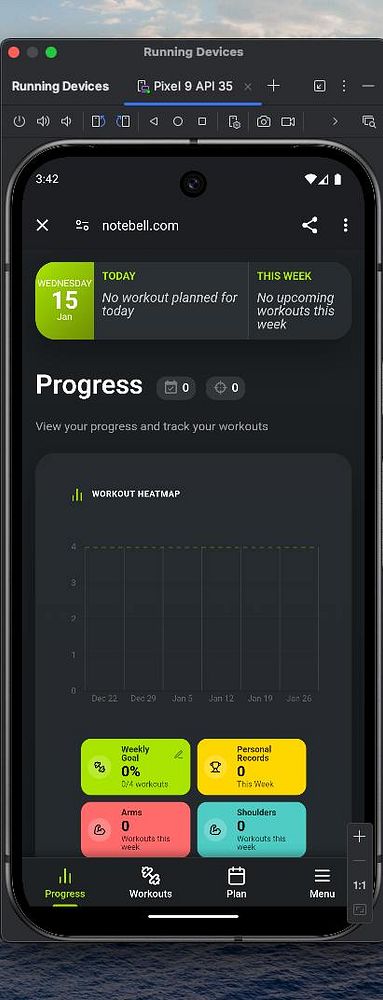 The image displays an Android emulator running a fitness tracking web app called Notebell.