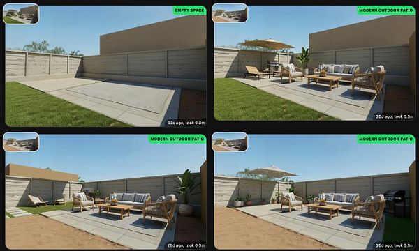 A 3D rendered modern living room interior with a sectional sofa, floor lamp, artwork, and unique lighting design.