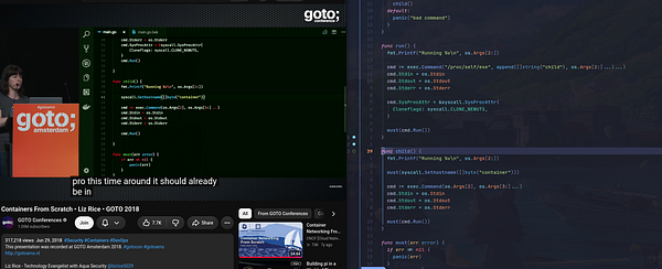 Video screenshot of a GOTO Amsterdam 2018 presentation displaying Go programming code for building containers from scratch.