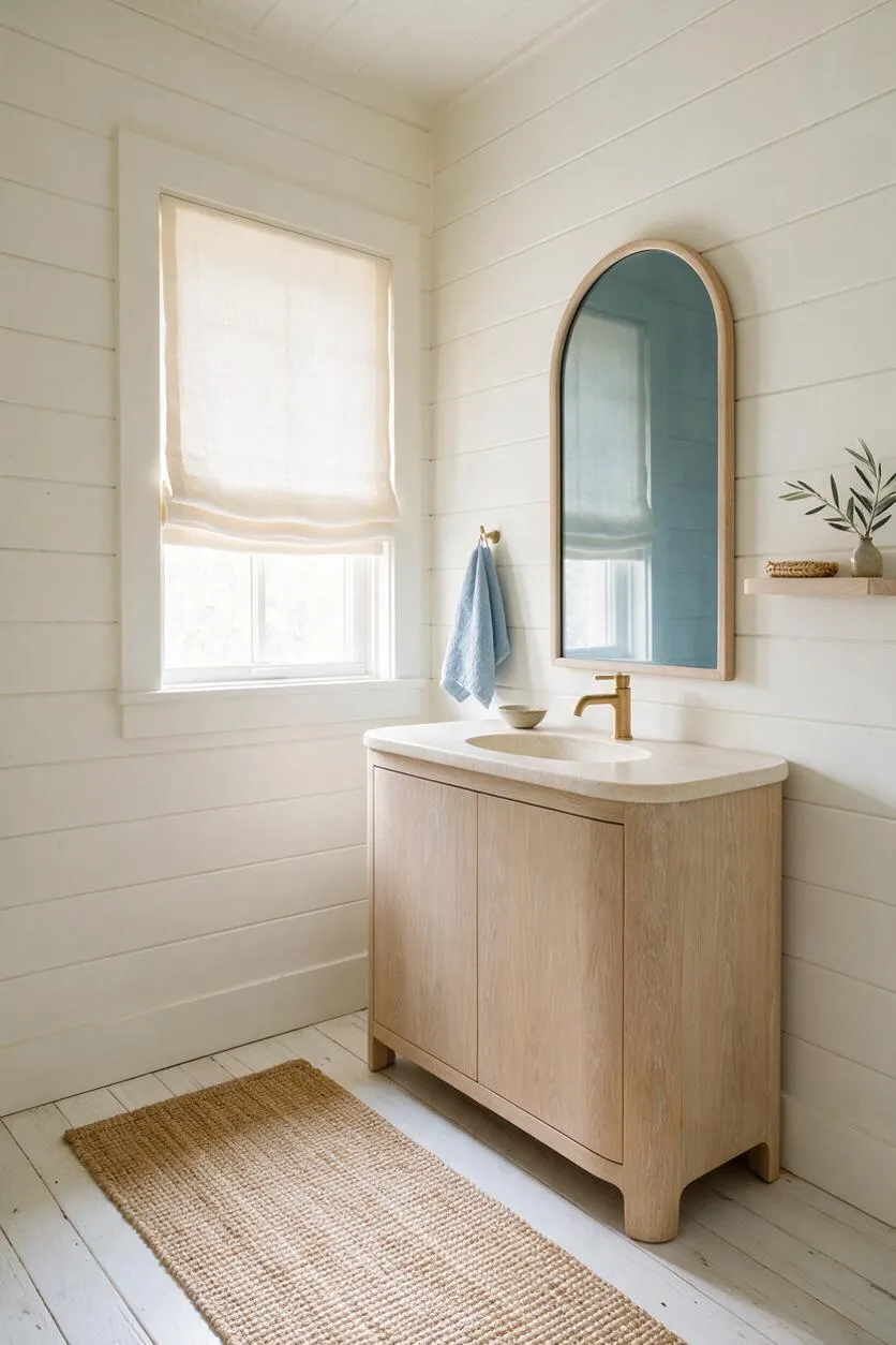 A bright powder room with white shiplap walls, a light oak vanity with a pale stone countertop, and a tall arched mirror. A small window with a sheer Roman shade, brass faucet, woven rug, and minimal decor create a calm coastal feel.