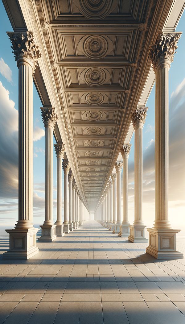 A series of tall, elegant columns supporting a long roof, lined up side by side to form a colonnade framing a beautiful and airy covered walkway against a clear sky.