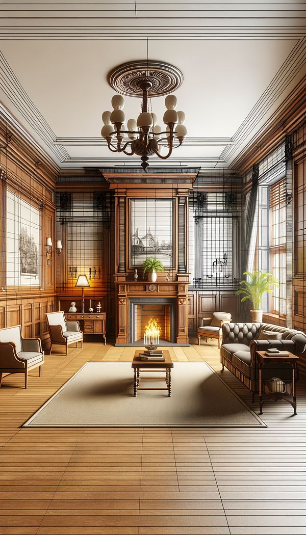 an interior room designed in the Colonial Revival style, featuring wood paneling, a central fireplace, hardwood floors, and antique furniture.