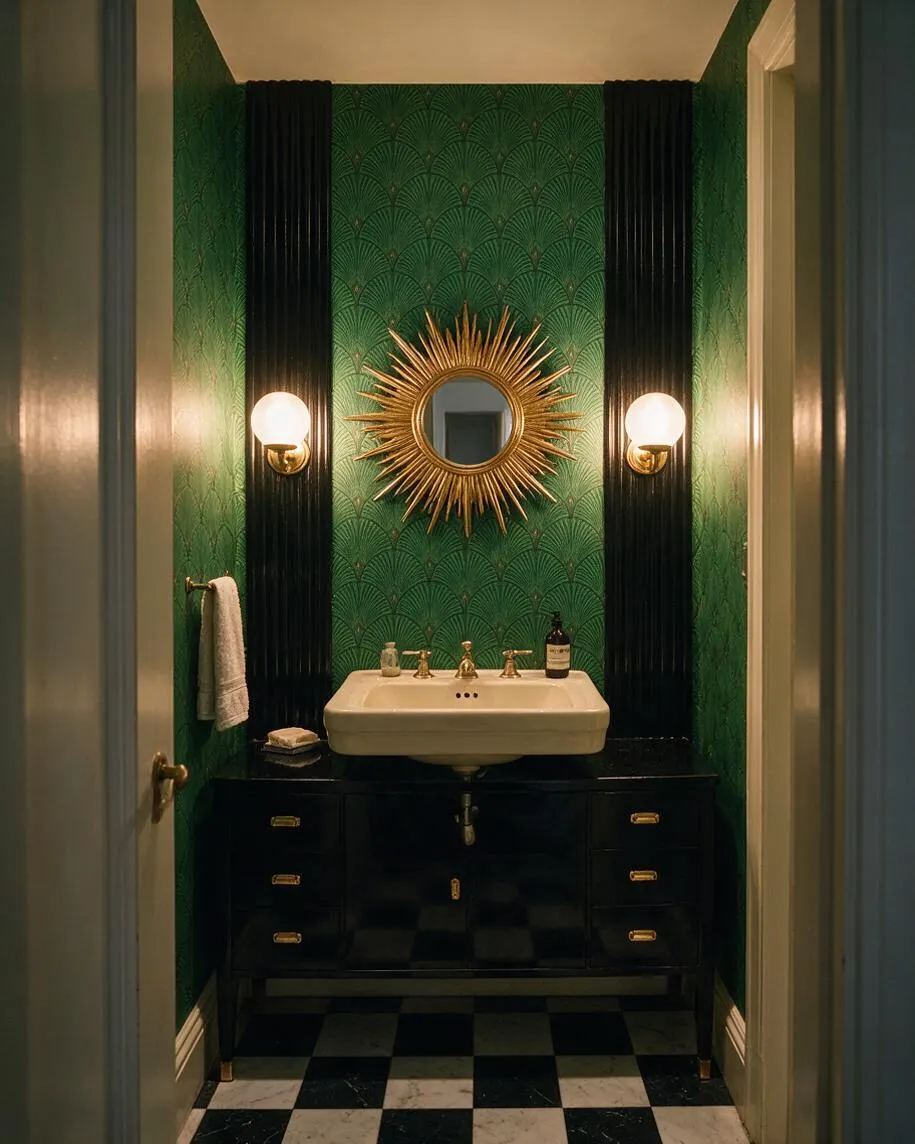 A narrow powder room designed in Art Deco style with emerald green patterned wallpaper, vertical black ribbed wall panels, and a gold sunburst mirror centered above a cream pedestal sink. Globe sconces flank the mirror, and a black vanity with brass hardware sits over a black-and-white checkered floor.