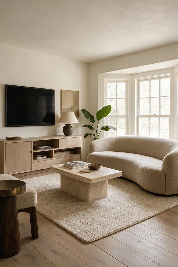 A serene organic modern media room with a wall-mounted black TV above a light oak media console, a curved cream sofa, and a textured stone coffee table on a soft neutral rug. Large windows bring in diffused daylight, while a potted plant, ceramic lamp, and natural wood flooring add warmth.