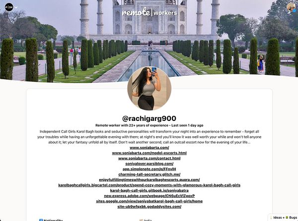 A social media profile of a remote worker promoting escort services, featuring a scenic background.