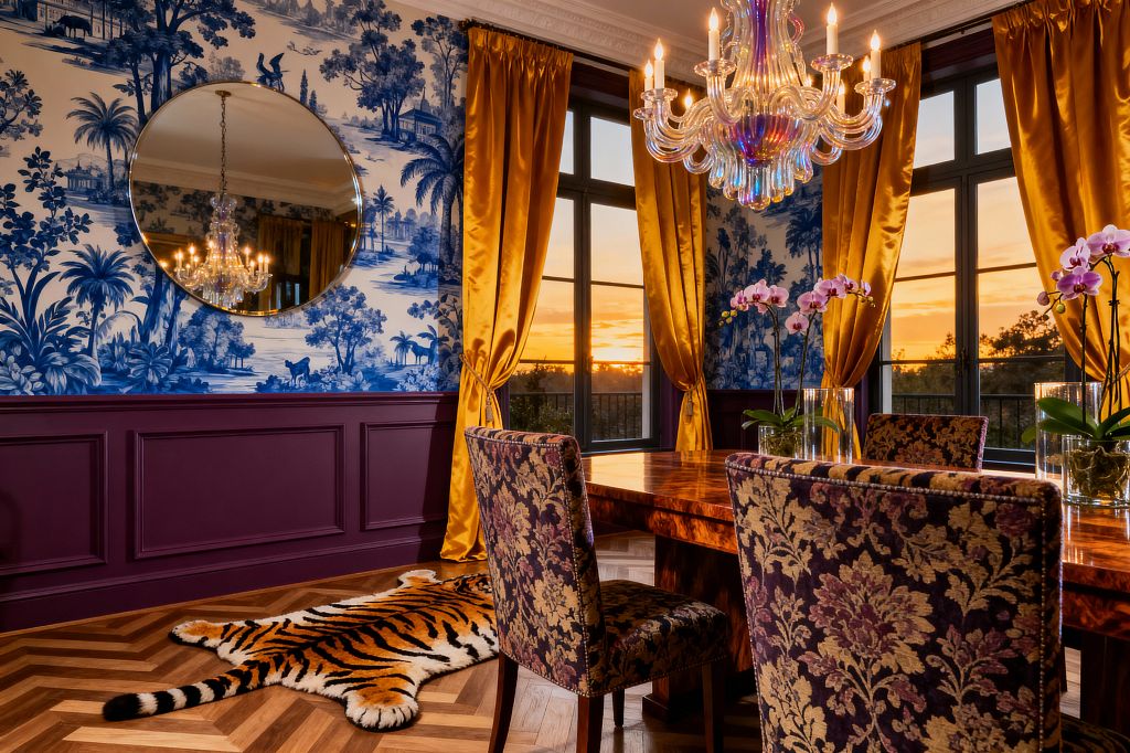 A richly layered dining room shows cobalt-and-white toile wallpaper above deep aubergine paneled wainscoting, a high-gloss wood dining table, and purple-and-gold damask chairs. Gold silk curtains frame black metal windows with a sunset view. An iridescent multi-arm glass chandelier glows above, reflected in a round wall mirror. On the oak herringbone floor lies a faux tiger-hide rug, while tall glass vases with pink orchids add color and height.