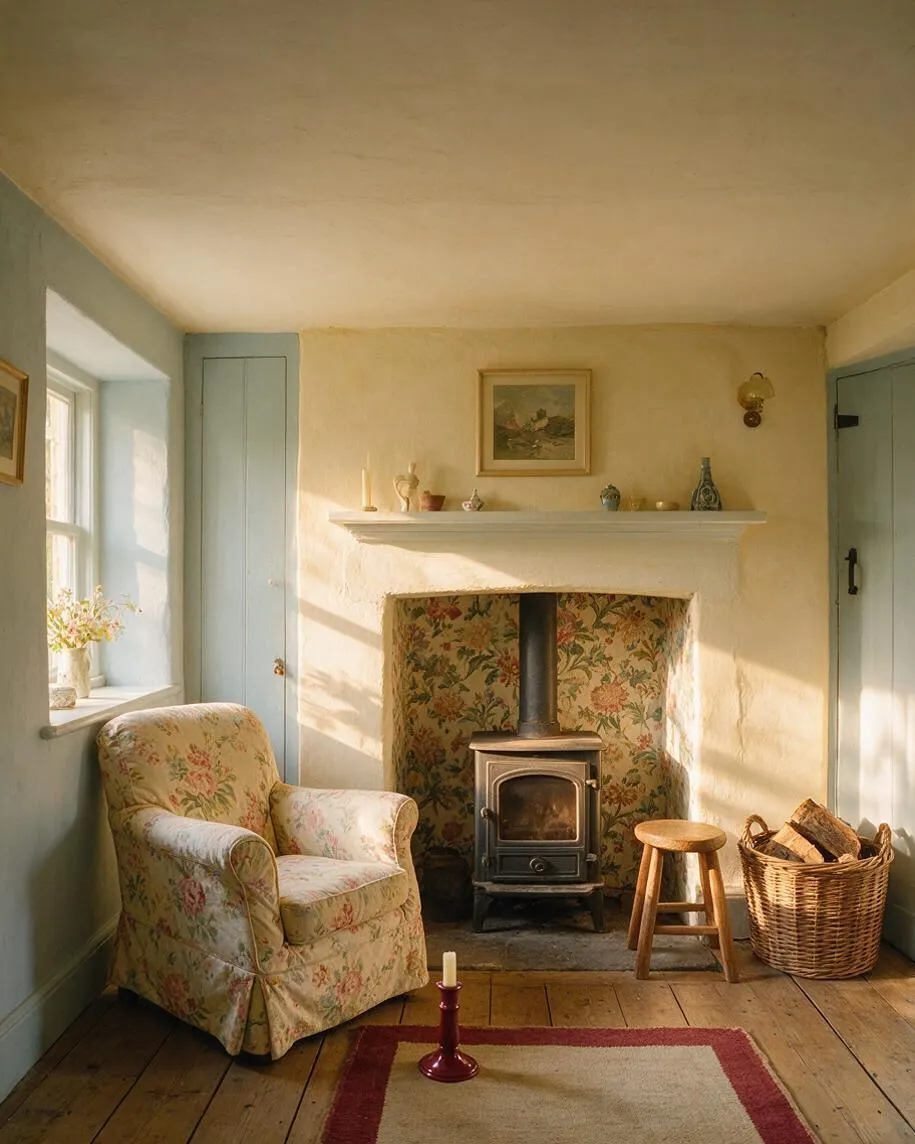 A cozy cottagecore living room with a floral upholstered armchair beside a black wood-burning stove set into a floral-lined hearth. Soft cream walls, pale blue built-ins, a woven log basket, and sunlight across the wooden floor create a warm, rustic atmosphere.