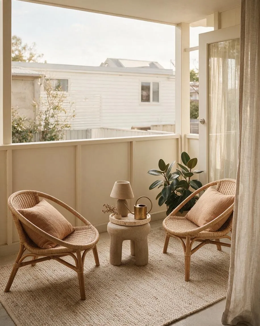 A small covered backyard patio styled as a cozy lounge, with two woven rattan chairs facing a stone pedestal table. Neutral cushions, a textured natural rug, a potted plant, and sheer curtains create a warm organic modern atmosphere.