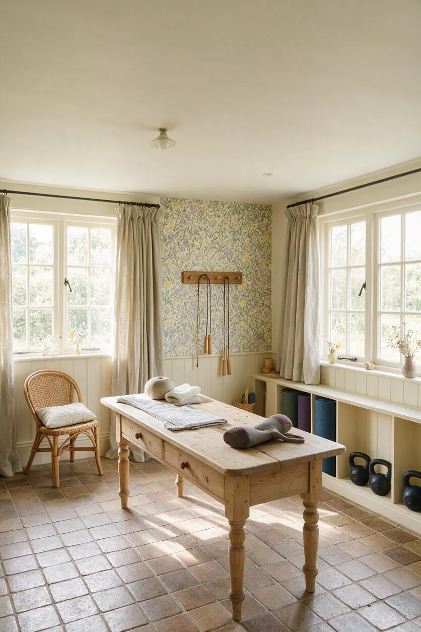 A bright cottagecore-style home gym with a rustic wooden massage or exercise table centered on terracotta tile flooring. Floral wallpaper, cream paneling, linen curtains, a cane chair, wall hooks with jump ropes, yoga mats, and kettlebells create a soft, country-inspired workout space filled with natural light.