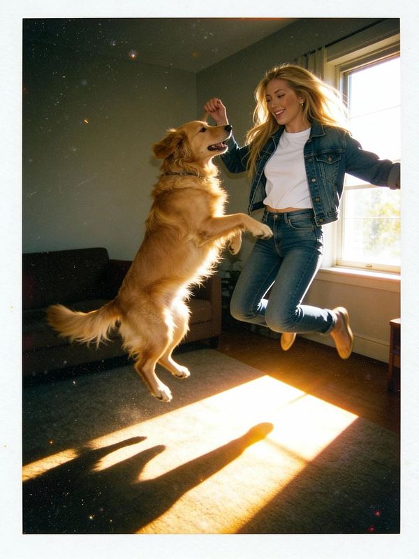 A woman joyfully jumps with her golden retriever in a sunlit living room.
