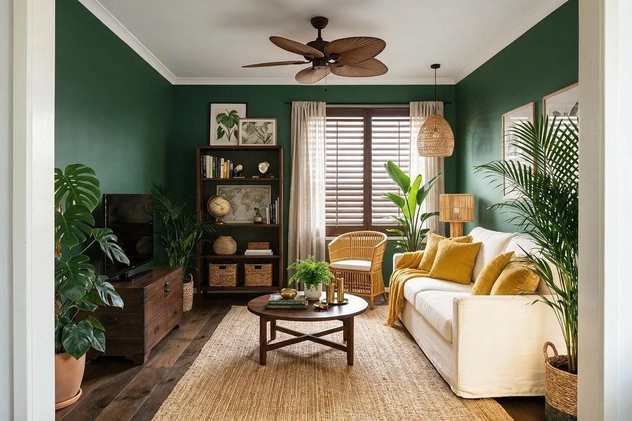 The same Tropical living room in the Jungle palette: jungle green, cream, mustard, rattan, and dark wood