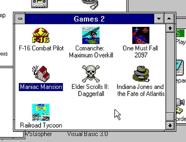 A vintage computer interface displaying a list of video games in a window titled 'Games 2'.
