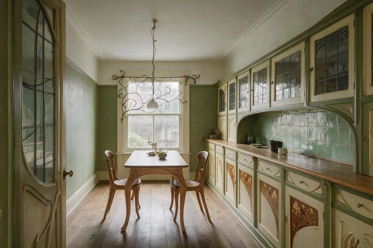 A narrow dining room in Art Nouveau style features sage green paneled walls, a central wooden table with two curved-back chairs, and a large decorative hanging light fixture. Built-in cabinets with arched glass fronts and floral motifs line the right wall, while a window at the far end brings in soft natural light.