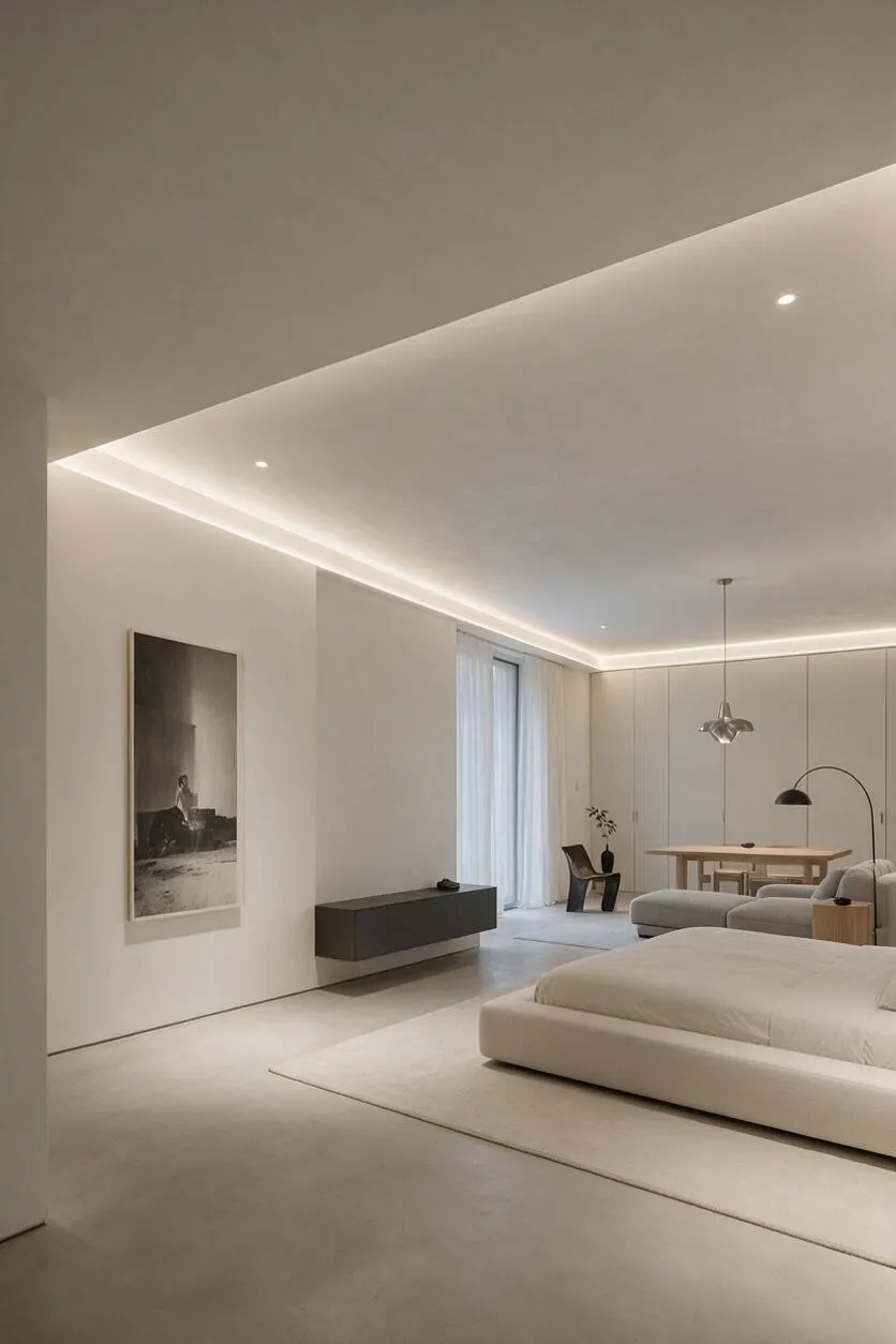 A serene minimalist basement interior with a low upholstered bed, pale area rug, and clean white walls. The room includes a floating dark console, sheer curtains over a tall window, a light wood desk with sculptural chairs, and subtle cove lighting along the ceiling.
