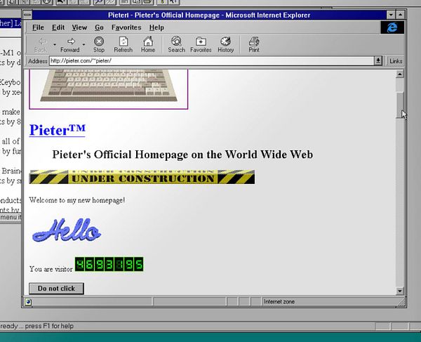 A vintage web page displayed in an early version of Internet Explorer, featuring a personal homepage under construction.
