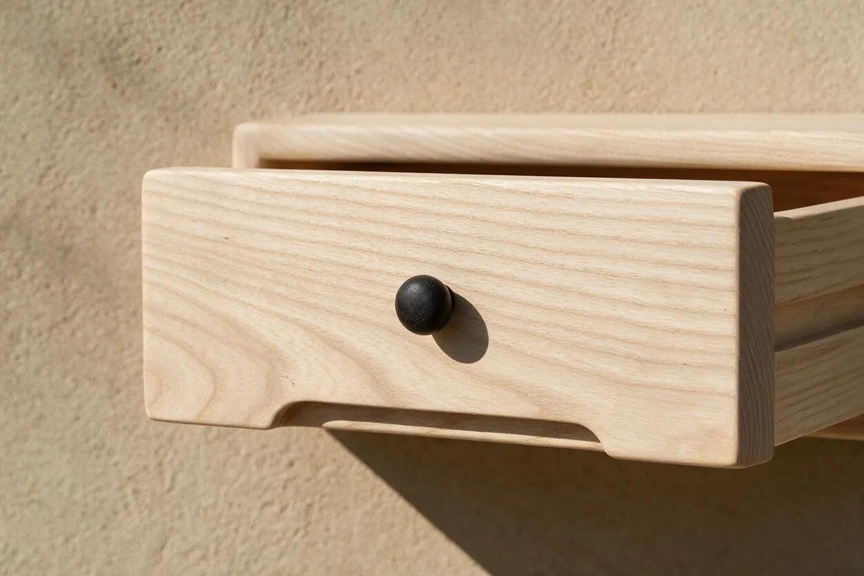 A close-up of a minimalist light ash wood drawer mounted against a textured beige wall. The drawer front has a smooth rectangular shape with rounded edges, a small black round knob, and a recessed pull detail below, all lit by warm natural sunlight.