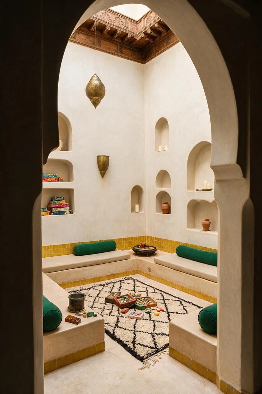 A Moroccan-style game room framed by a large carved arch, with white stucco walls, recessed wall niches, and a carved wood ceiling detail. Built-in beige benches with green bolsters surround a black-and-white geometric rug, and board games are arranged on the floor in the center.