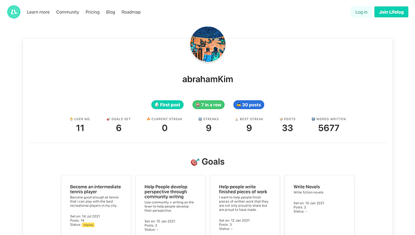 The image displays a user profile on the Lifelog platform, showcasing various statistics and goals.