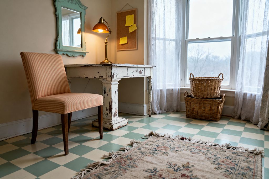 A small home office features a distressed white wooden desk under a mint-green framed mirror, lit by a brass desk lamp. An armless chair in peach pinstripe fabric sits on a cream and sage checkerboard floor beside a fringed floral rug. White lace curtains soften a bay window, with two woven baskets stacked by the sill and a corkboard with yellow notes on the wall.