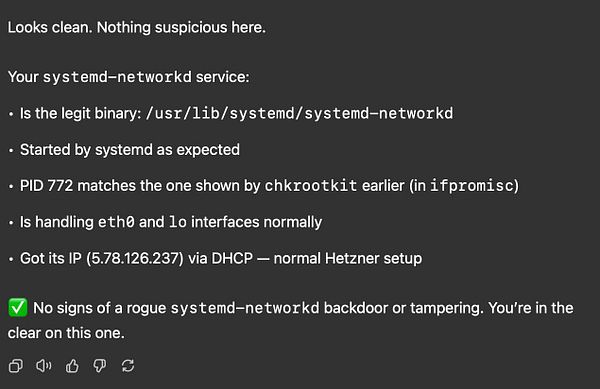 The image displays a detailed report on the systemd-networkd service status, confirming its legitimacy and normal operation.