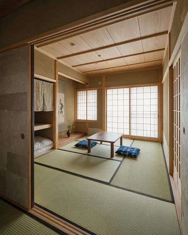A serene Japanese Zen studio apartment with tatami mat flooring, low wooden table, and blue floor cushions. Shoji paper sliding doors fill the room with soft daylight, while a built-in sleeping nook with curtains and a simple alcove add warmth and calm.