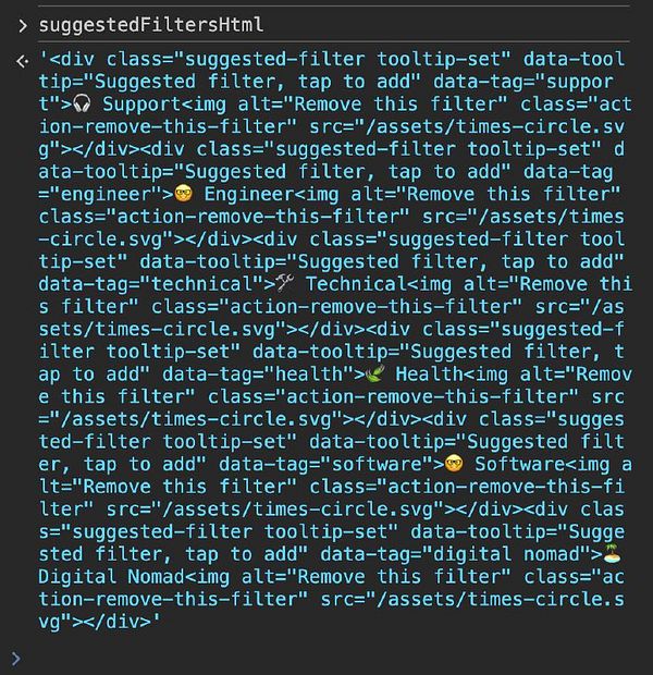The image displays a snippet of HTML code for suggested filters in a JavaScript variable.