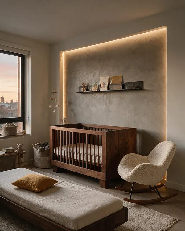 A serene nursery with a walnut crib centered against a textured concrete-look wall, framed by a recessed warm LED light. A curved cream rocker sits to the right, while a low floor bed and woven storage baskets add softness beneath a large window with sunset light.