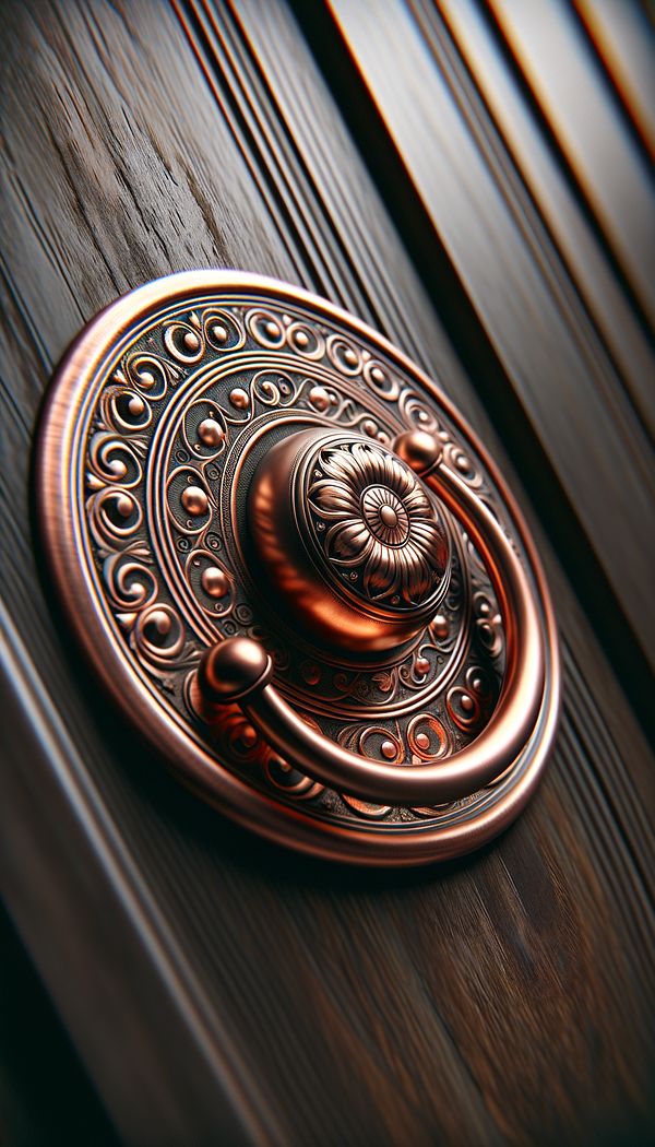A close-up of an ornate copper finger plate mounted on a dark wooden door, with intricate designs and patterns visible on its surface.