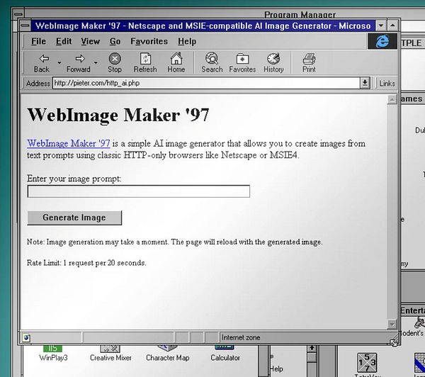 The image displays a retro web interface for an AI image generator called WebImage Maker '97.