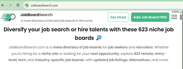 The image displays a webpage for JobBoardSearch, highlighting its features and offerings.