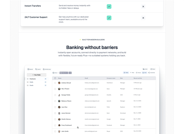 The image displays a user interface for a banking application featuring a list of employees and their details.