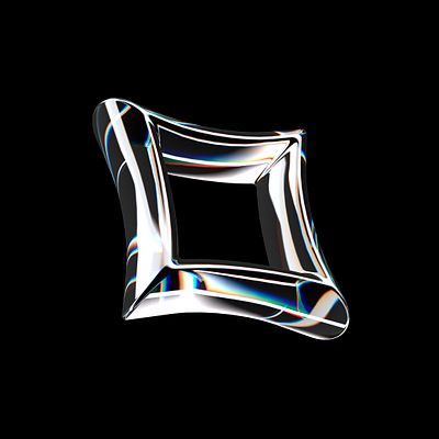 A stylized 3D model of a distorted square shape with a transparent, glass-like appearance.