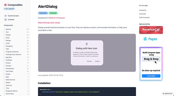 The image displays a user interface for a component documentation page related to Material Design in Android development.