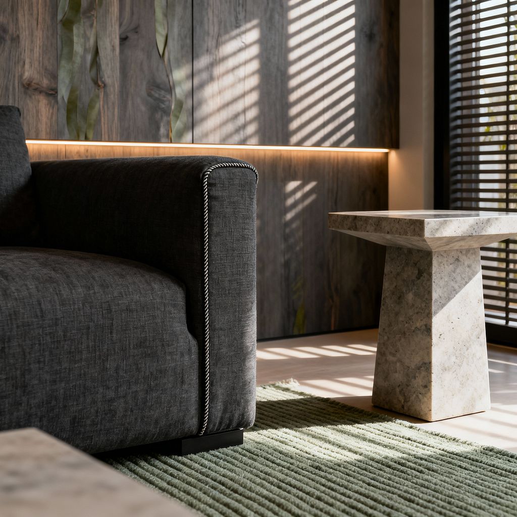 A close-up of a modern living room shows a charcoal-gray upholstered sofa with white contrast piping on a ribbed sage green rug. A light gray honed stone pedestal side table sits nearby, while vertically grained gray wood wall panels and a slim recessed light create a warm glow as sunlight through dark slatted blinds casts striped shadows across the floor and surfaces, highlighting clean lines and tactile neutral materials.