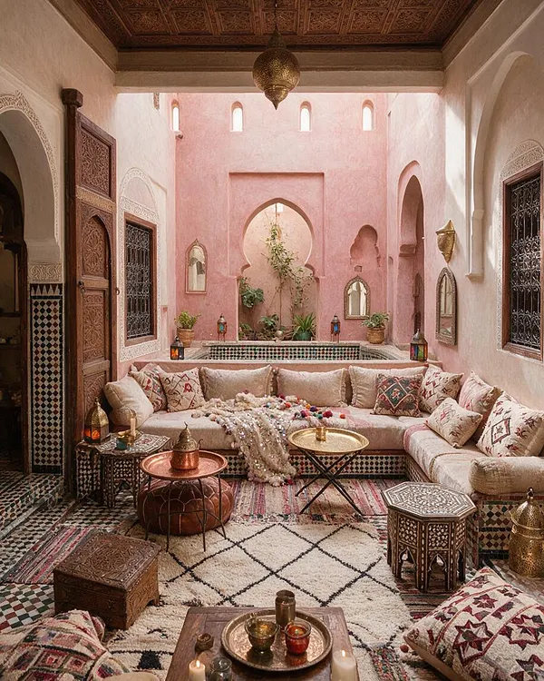 A Moroccan-style backyard courtyard with pink plaster walls, carved wooden doors, arched openings, and a central seating area filled with cream cushions and patterned pillows. Mosaic tiles, lanterns, low tables, rugs, and potted plants create a layered, intimate atmosphere.