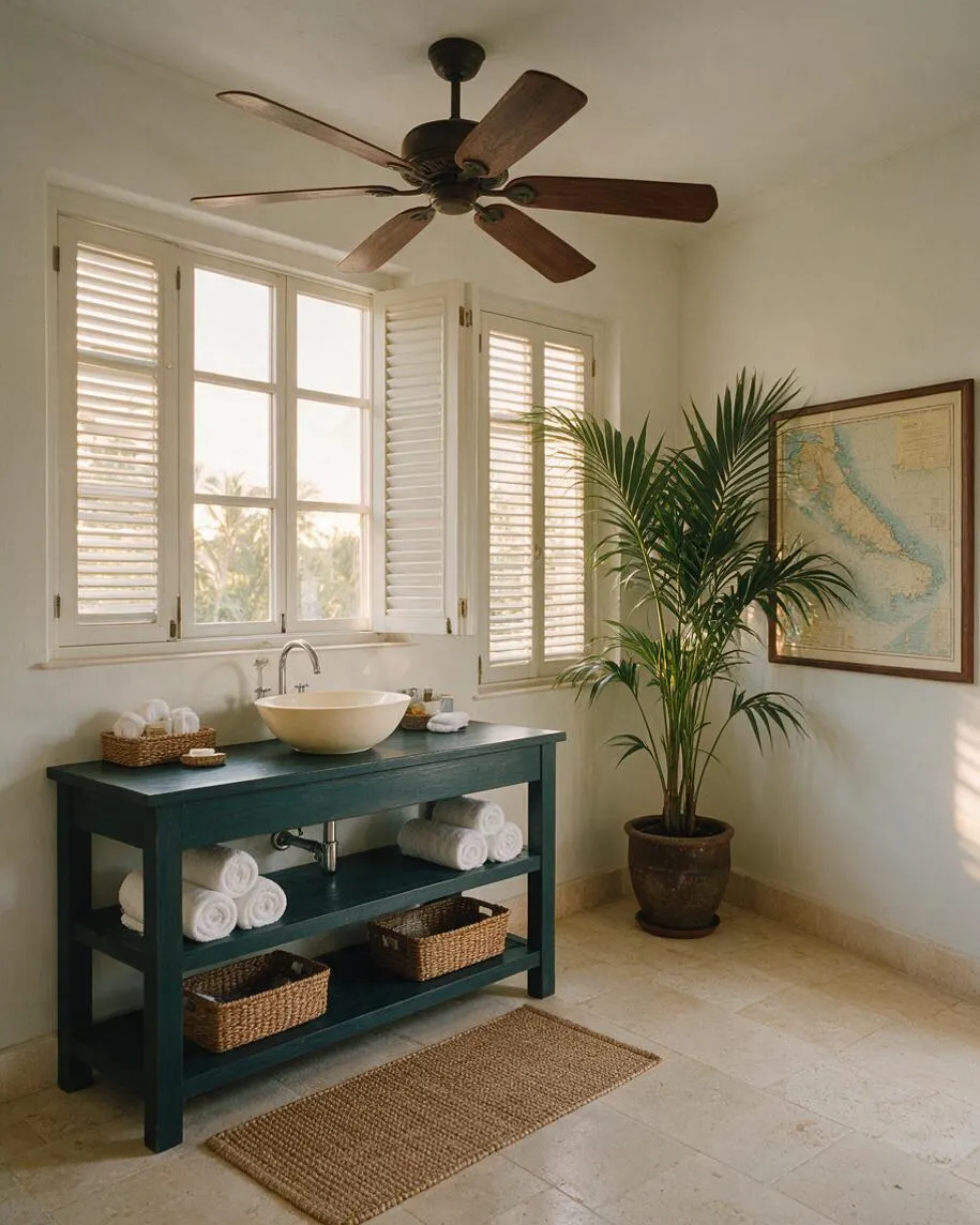 A bright powder room with white shutters and a tropical potted palm beside a teal open vanity. The room includes a round vessel sink, woven baskets, a jute rug, stone tile flooring, and a ceiling fan with dark wood blades.
