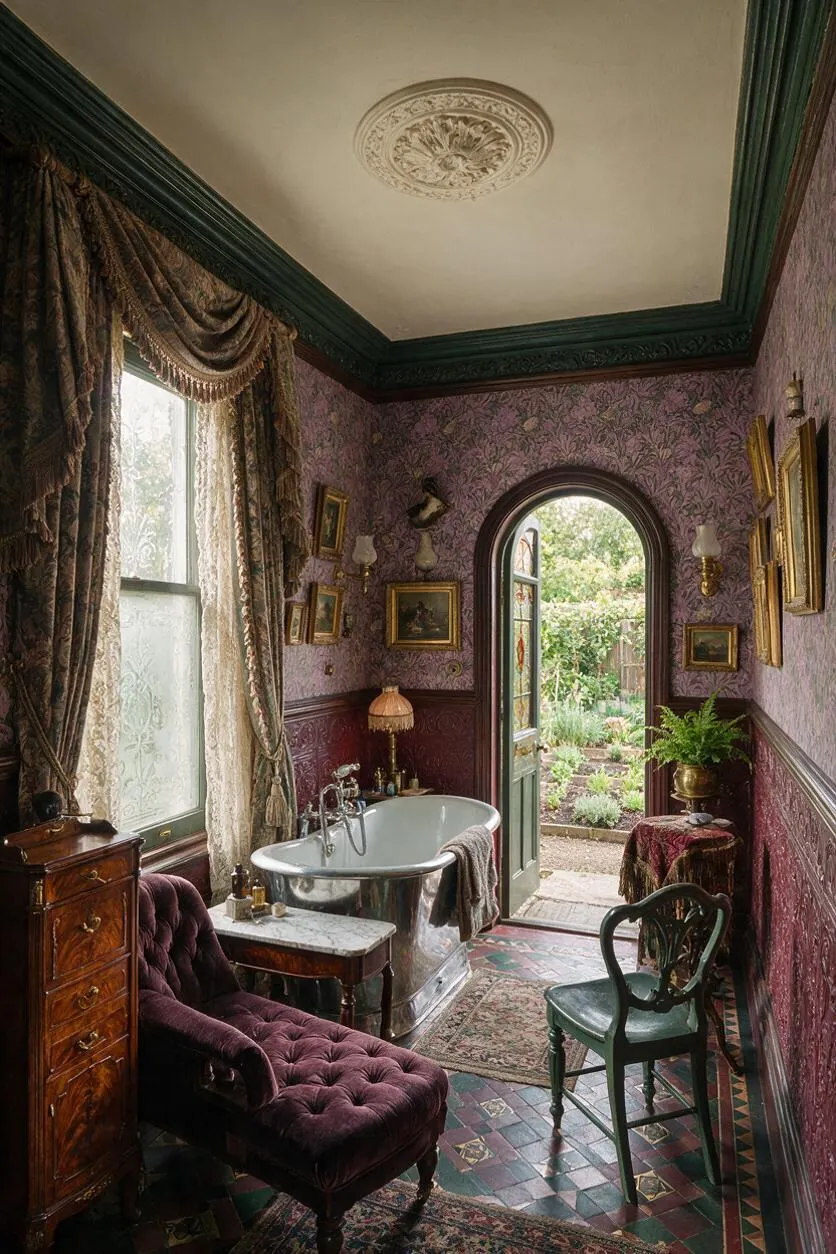 A Victorian-style backyard bath area with ornate purple wallpaper, dark green trim, and a freestanding metal bathtub beside a tufted plum chaise lounge. An arched door opens directly to a lush garden, while layered drapery, framed artwork, brass accents, and patterned tile flooring create a richly decorated period feel.