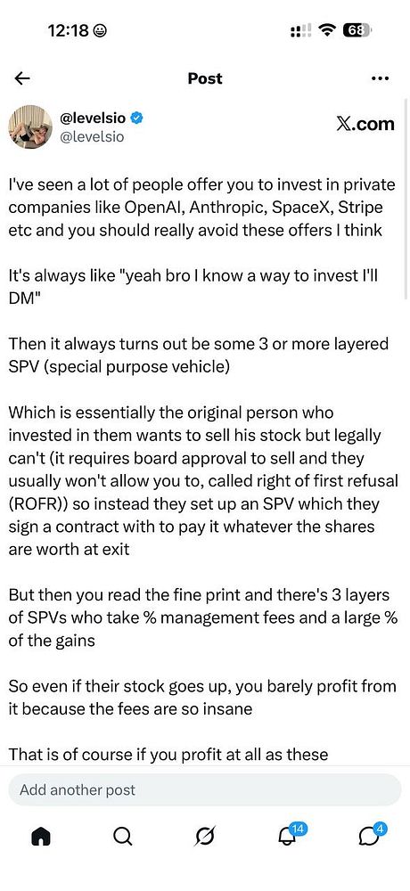 Screenshot of a Twitter thread discussing why parents shouldn't invest in startups through SPVs due to high fees and low returns.