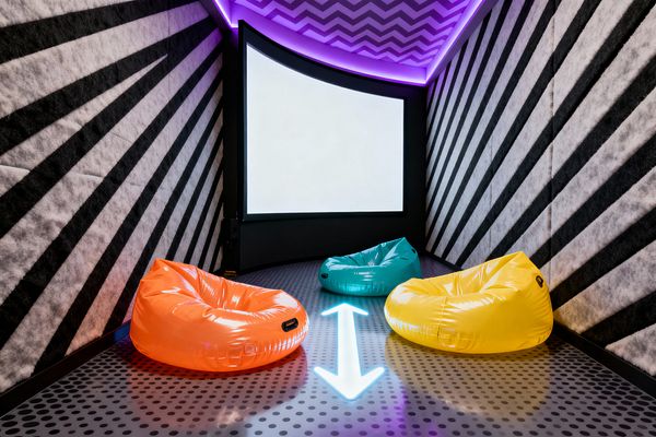 A compact media room features a large projection screen framed in black, flanked by walls clad in black-and-white diagonal acoustic panels and a chevron-patterned ceiling. Purple LED cove lighting glows overhead, while a perforated metal floor shows a luminous white arrow graphic. Three glossy inflatable beanbag chairs in bright orange, teal, and yellow form a casual seating cluster in the foreground within the bold, high-contrast space.