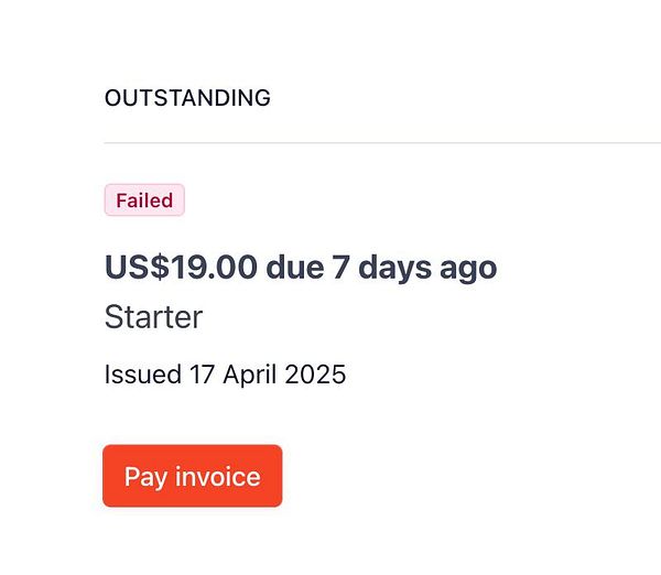 The image displays an invoice notification indicating a failed payment.