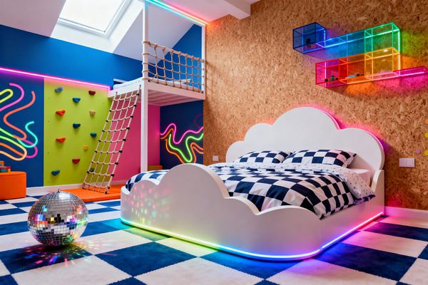 A vibrant kids' bedroom with a white cloud-shaped bed outlined in rainbow LED lights on a blue-and-white checkered carpet. Walls mix deep navy paint and a cork-like OSB panel, with neon squiggle light art, a lime climbing wall, and a loft reached by rope ladder and net railings; acrylic cube shelves glow in rainbow colors, a skylight brings daylight, and a disco ball scatters reflections across the room.