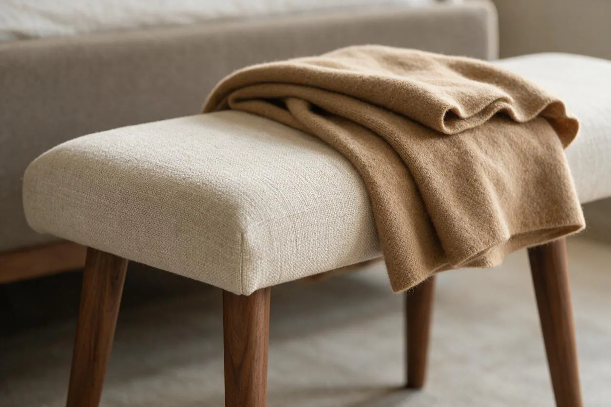 A close-up of a simple upholstered bench with a light beige fabric seat and tapered walnut wood legs. A warm camel blanket is casually draped over the top, creating a soft transitional look in a neutral room.