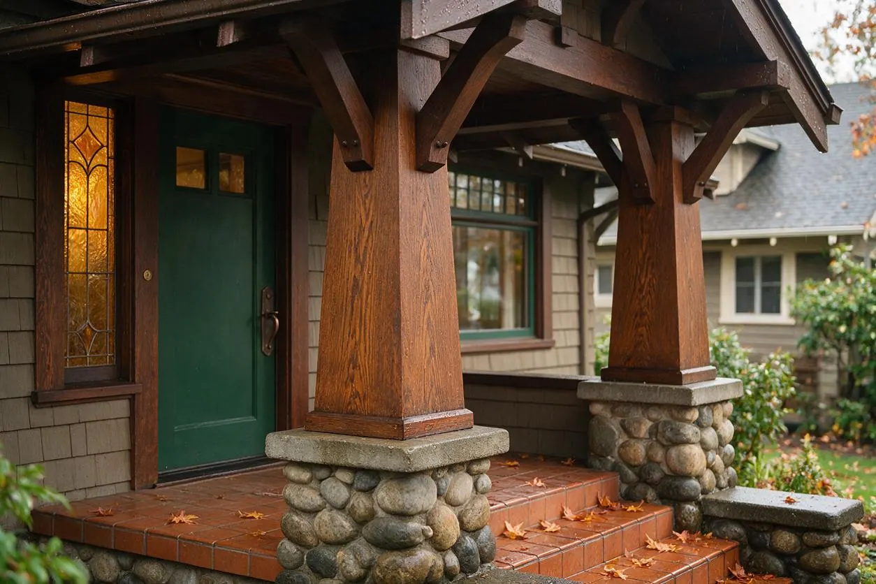 A Craftsman-style home exterior featuring a covered front porch with heavy timber posts set on rounded stone bases. The entry includes a dark green front door, amber leaded glass sidelights, terracotta tile steps, and shingle siding in earthy neutral tones.