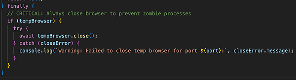 The image displays a code snippet focused on closing a Puppeteer browser instance to prevent zombie processes.